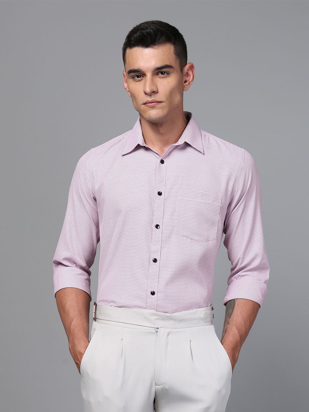 

DON VINO Men Spread Collar Micro Checked Cotton Linen Slim Fit Semiformal Shirt, Multi