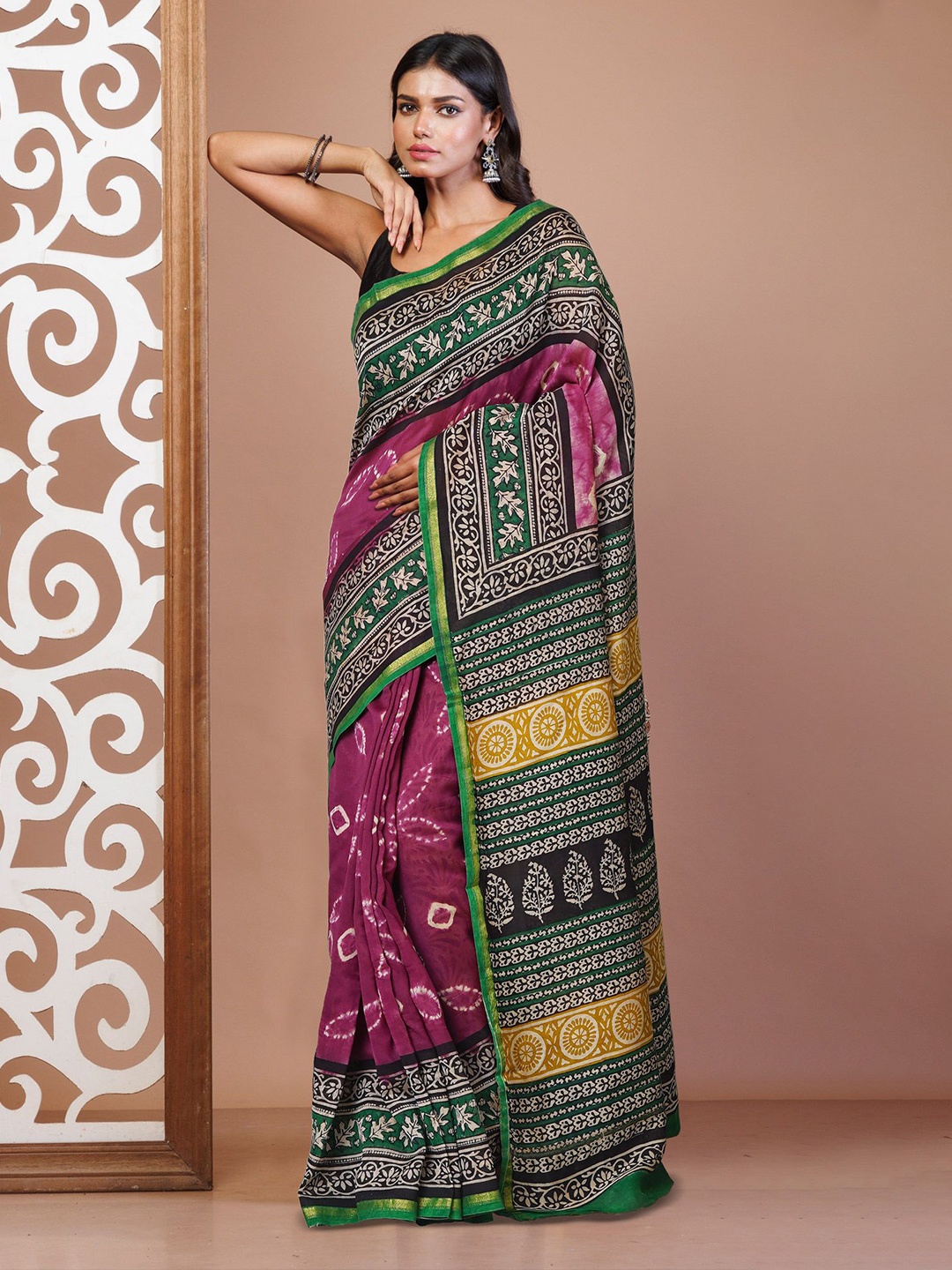 

Unnati Silks Tie and Dye Zari Handloom Bagru Saree, Purple