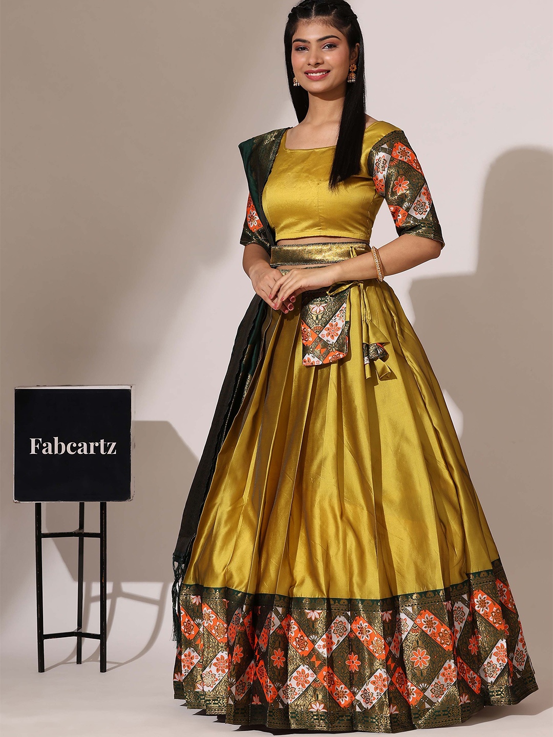 

Fabcartz Woven Design Semi-Stitched Lehenga & Unstitched Blouse With Dupatta, Yellow