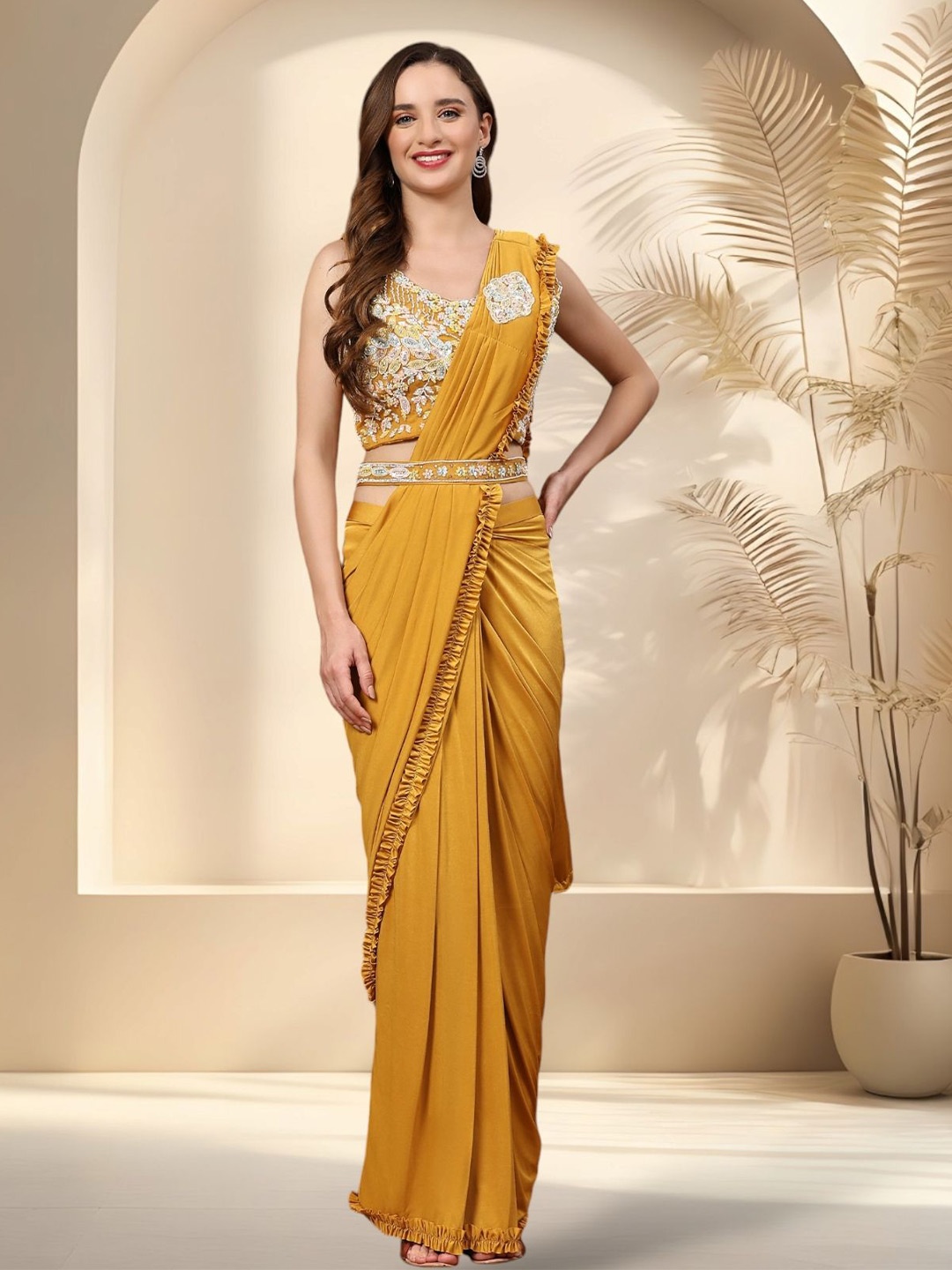 

Stylum Women Zardozi Ready to Wear Saree With Stitched Blouse, Mustard