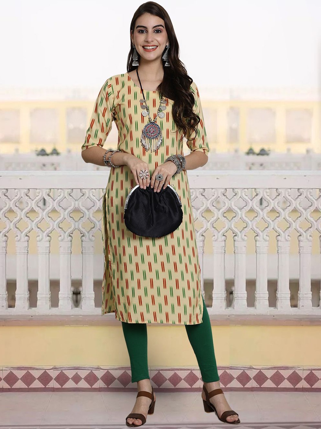 

7Threads Geometric Printed Round Neck Straight Kurta, Yellow