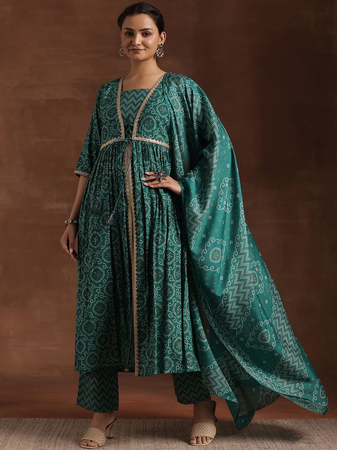 

Libas Bandhani Printed Pleated Gotta Patti A-Line Kurta with Trousers & Dupatta, Green