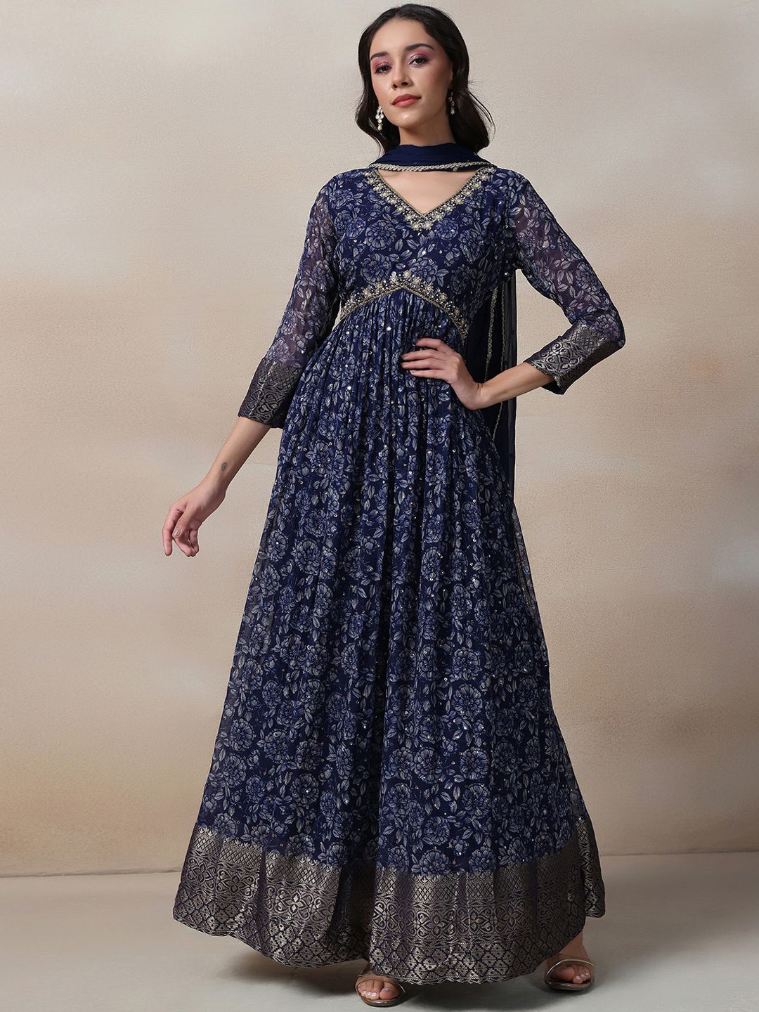 

Rang by Indya Floral Embellished Sequinned Georgette Anarkali Kurta, Blue