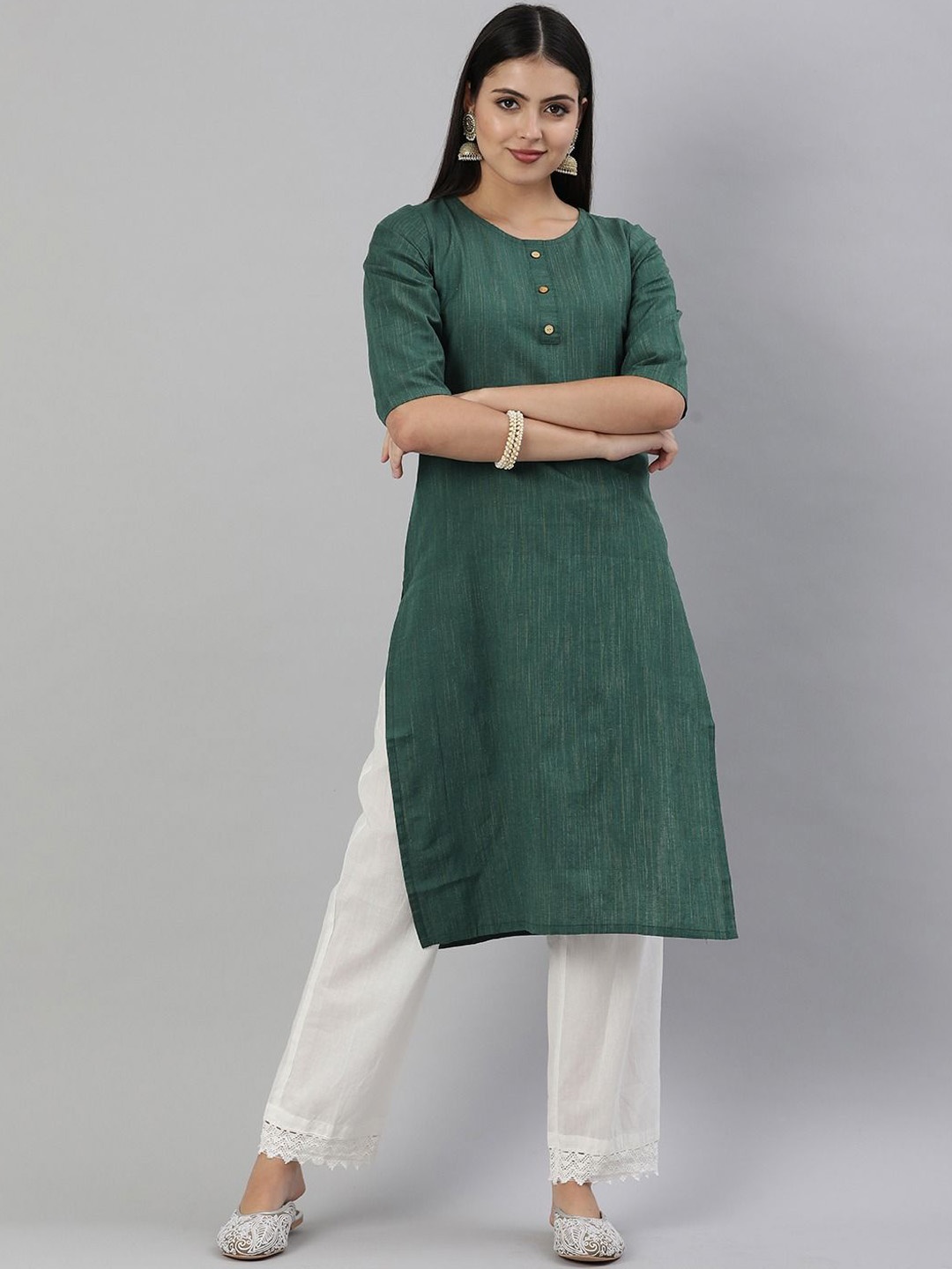 

Shaily Green Woven Design Round Neck Three-Quarter Sleeves Cotton Straight Kurta