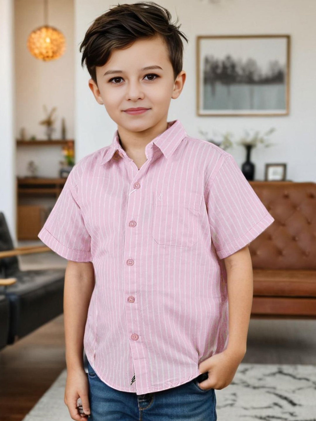 

INCLUD Boys Spread Collar Striped Casual Shirt, Pink