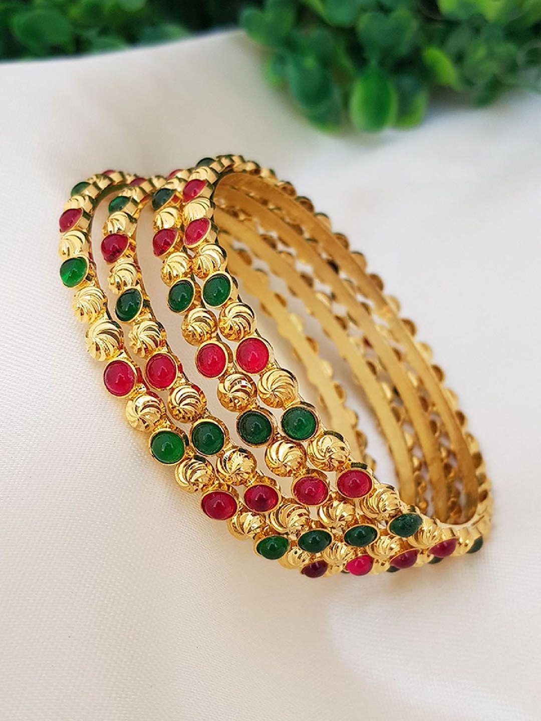 

GRIIHAM Set of 4 Gold Plated Stone Studded & Beaded Details Bangles