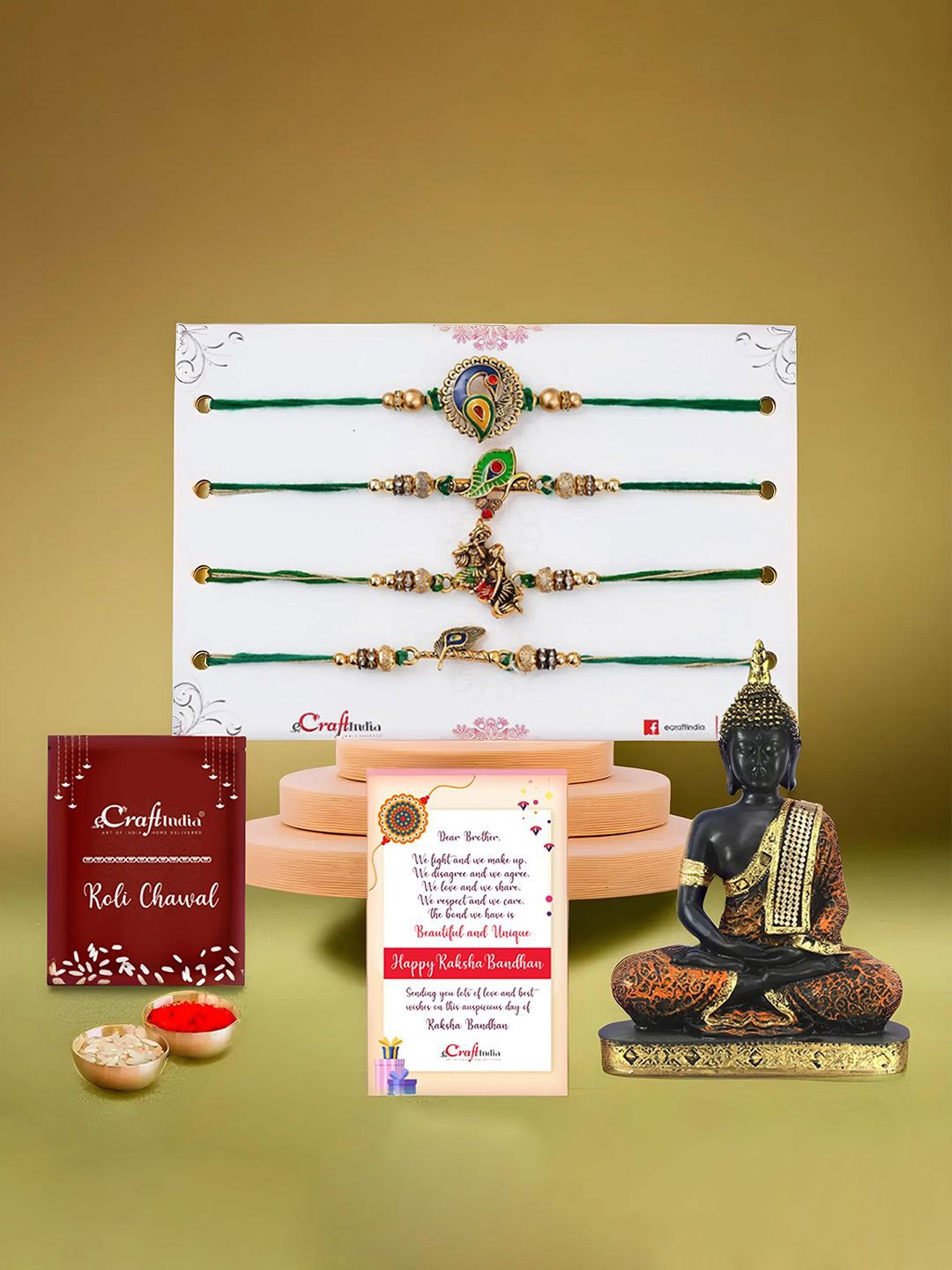 

eCraftIndia Set Of 5 Rakhi With Lord Buddha Statue & Roli Chawal, Gold