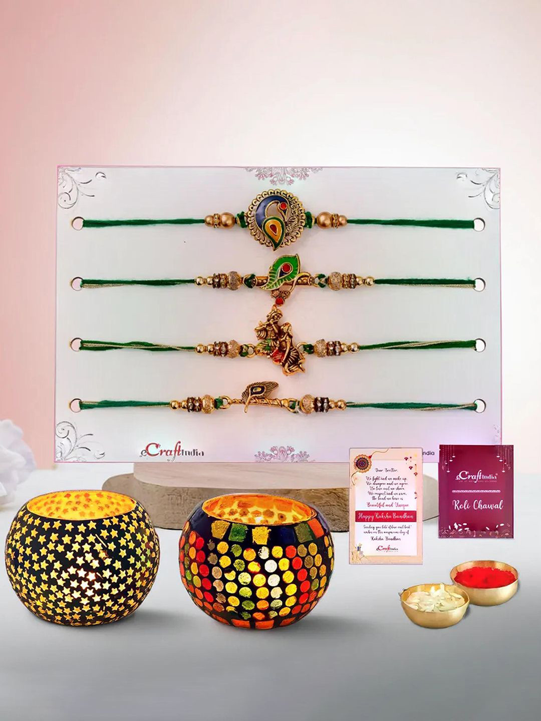 

eCraftIndia Set Of 4 Rakhi With Mosaic Glass Tea Light Holders & Roli Chawal, Gold