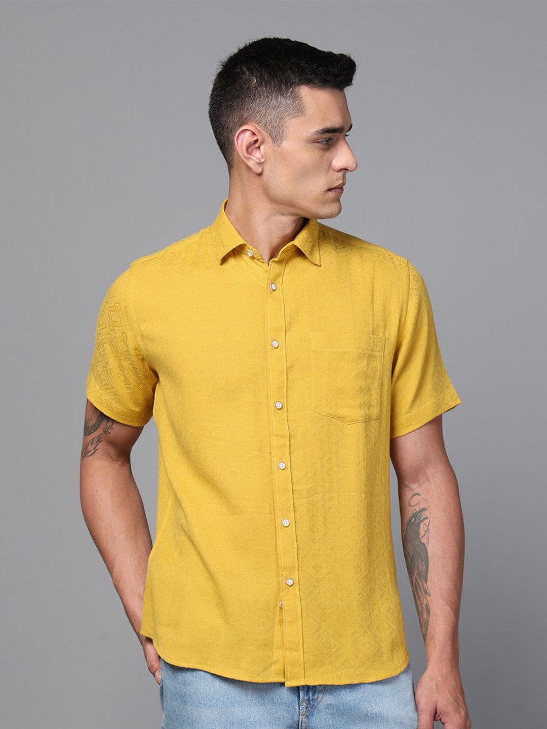 

DON VINO Men Spread Collar Solid Cotton Slim Fit Casual Shirt, Mustard