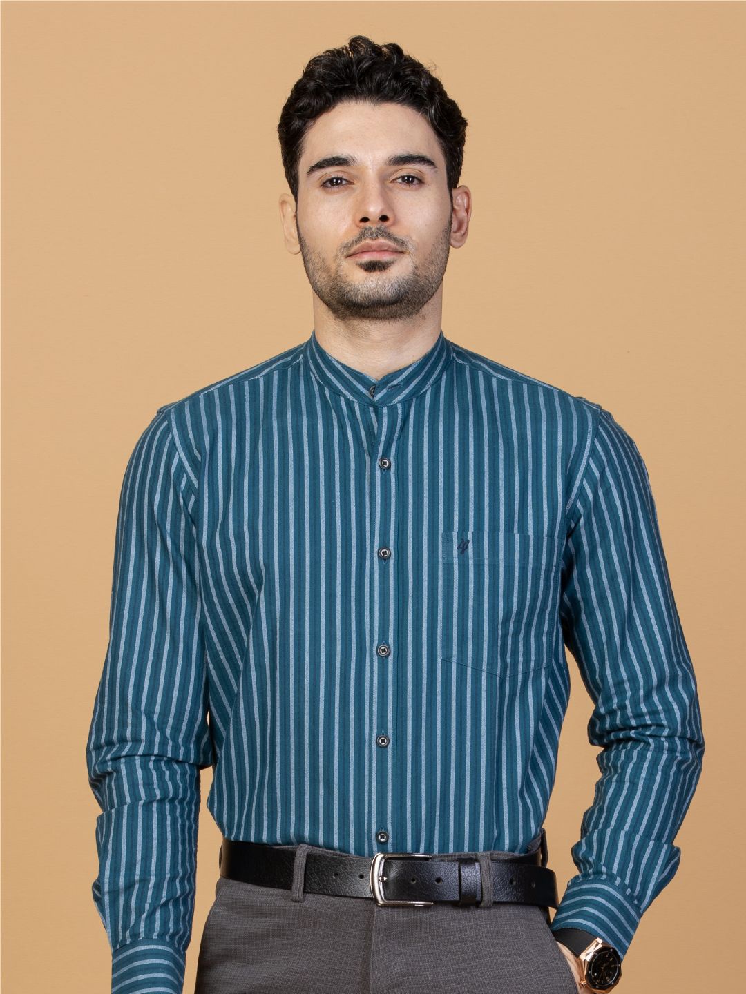 

Monterrey SF Men Smart Band Collar Striped Cotton Slim Fit Casual Shirt, Green
