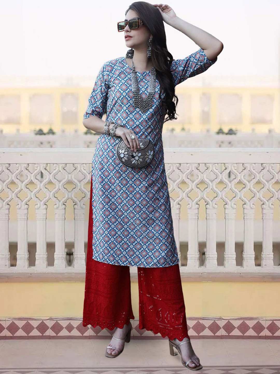 

7Threads Ethnic Motifs Printed Round Neck Crepe Straight Kurta, Blue