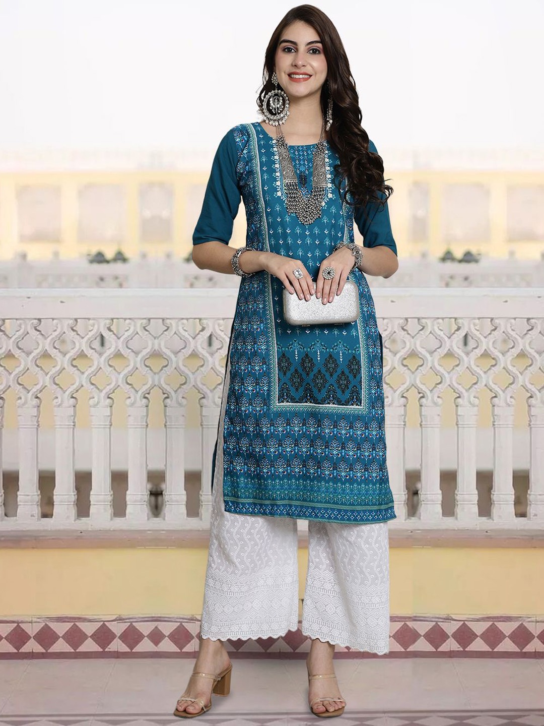 

7Threads Floral Printed Round Neck Straight Kurta, Blue
