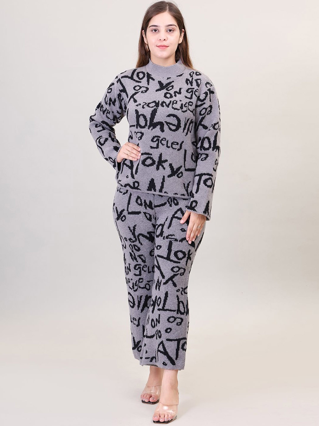 

Camey Printed Woollen Sweater With Trouser, Grey