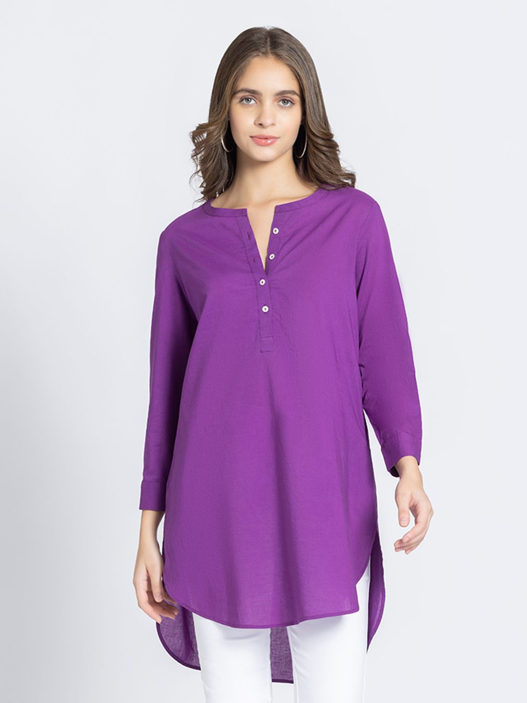 

SHAYE Round Neck Long Sleeves Pure Cotton A-Line Kurti, Purple