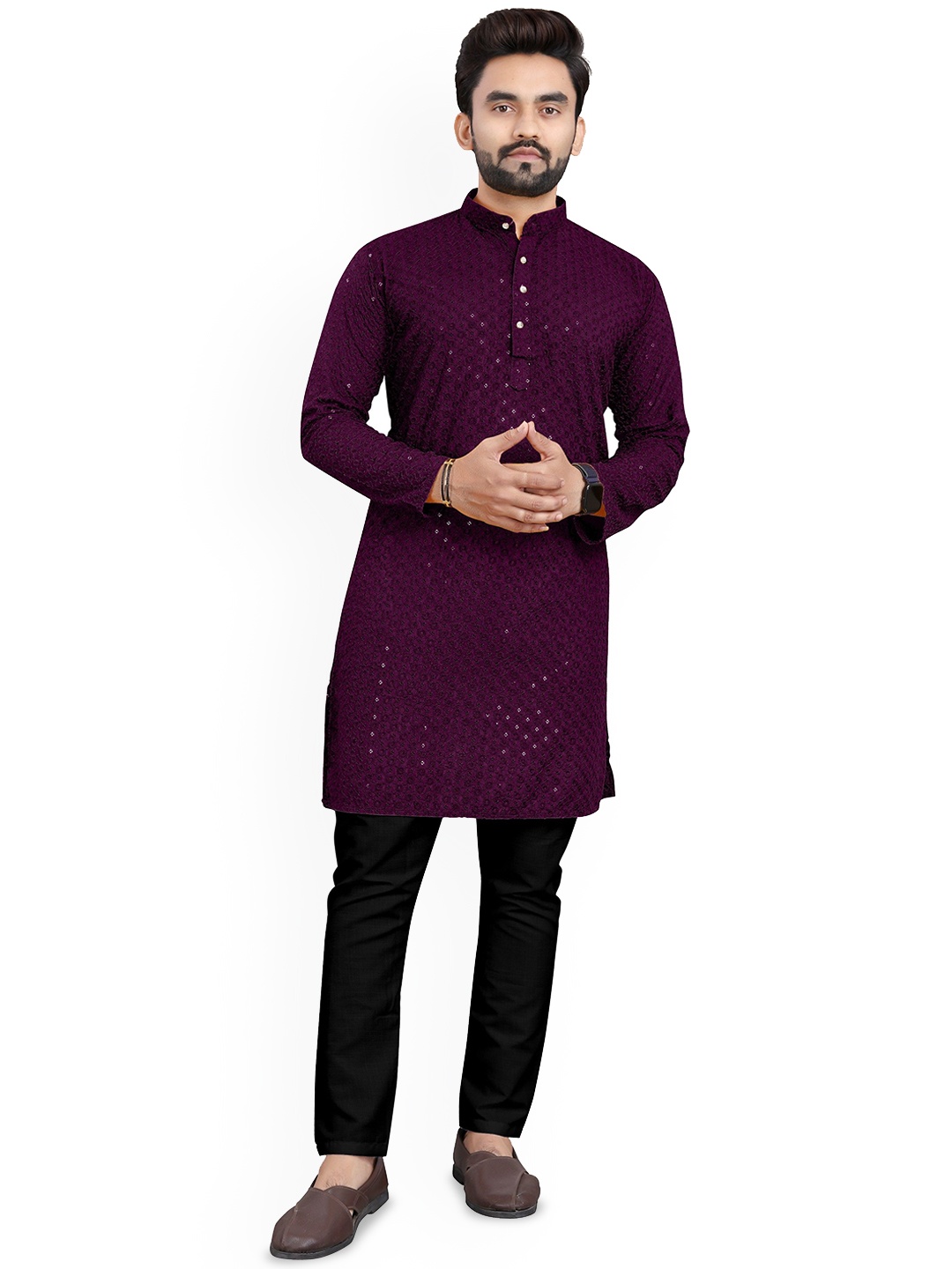 

trustous Floral Embroidered Mandarin Collar Regular Sequinned Kurta With Pyjama, Purple