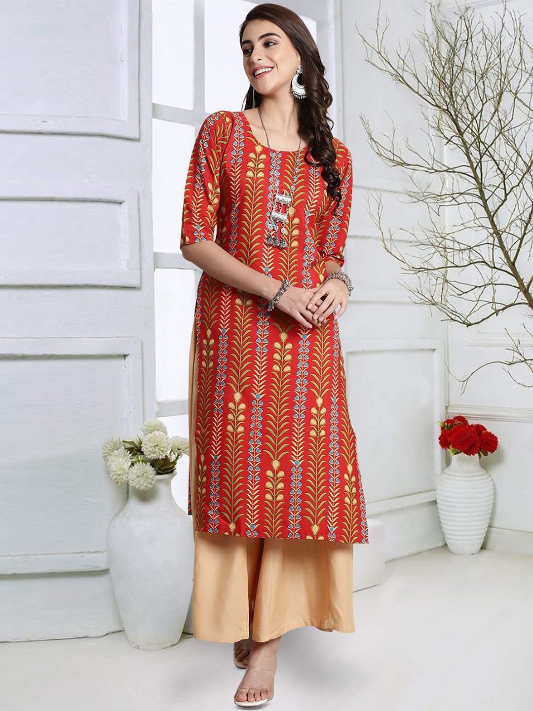 

7Threads Floral Printed Round Neck Straight Kurta, Red