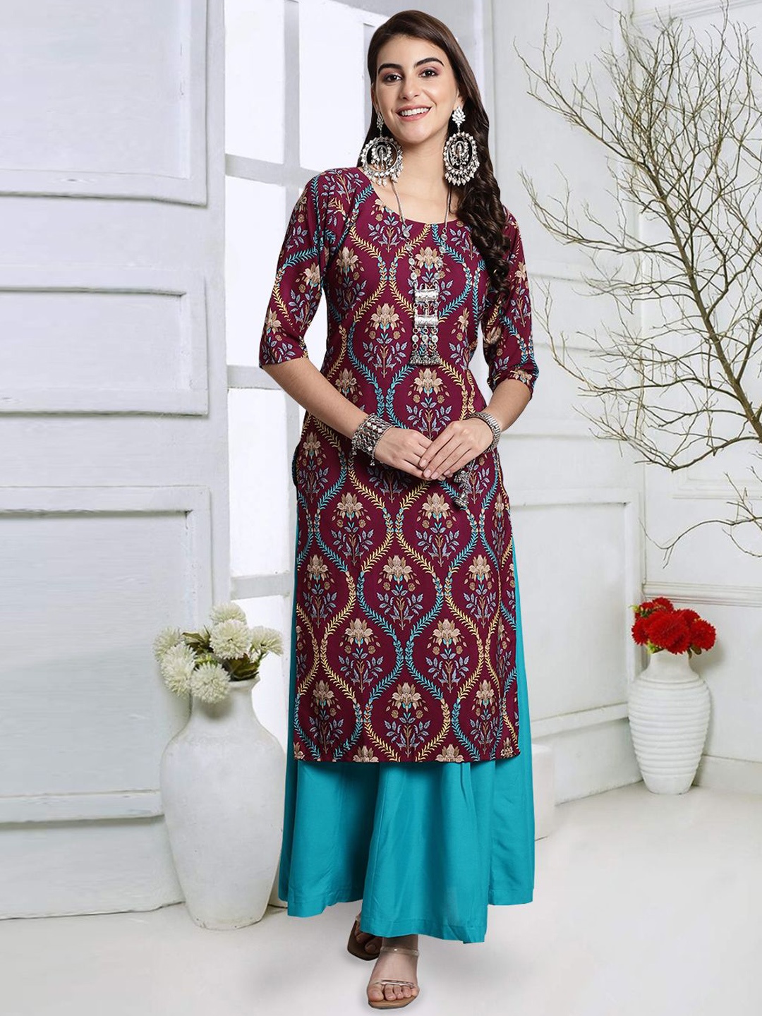 

7Threads Floral Printed Straight Kurta, Maroon