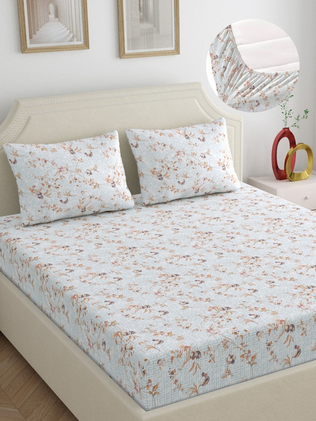 

Dreamscape White & Brown Floral 250 TC King Bedsheet with 2 Pillow Covers