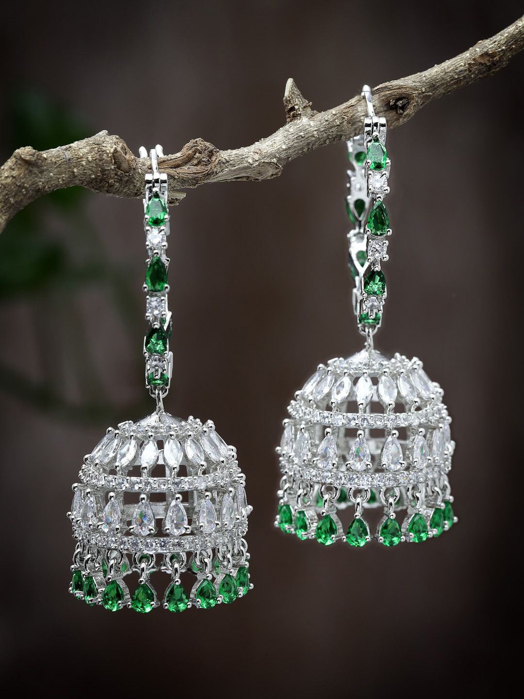 

ZENEME Rhodium-Plated Diamond Shaped American Diamond Jhumkas, Silver