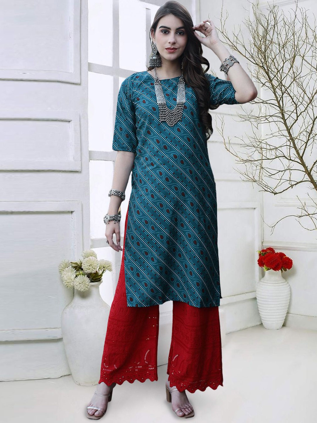 

7Threads Paisley Printed Round Neck Straight Kurta, Blue