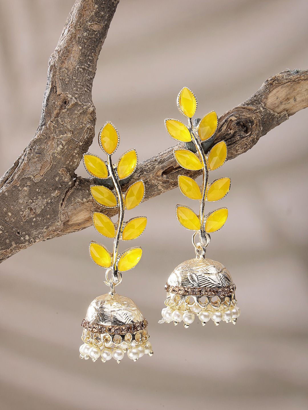

ZENEME Leaf Shaped Jhumkas Earrings, Yellow