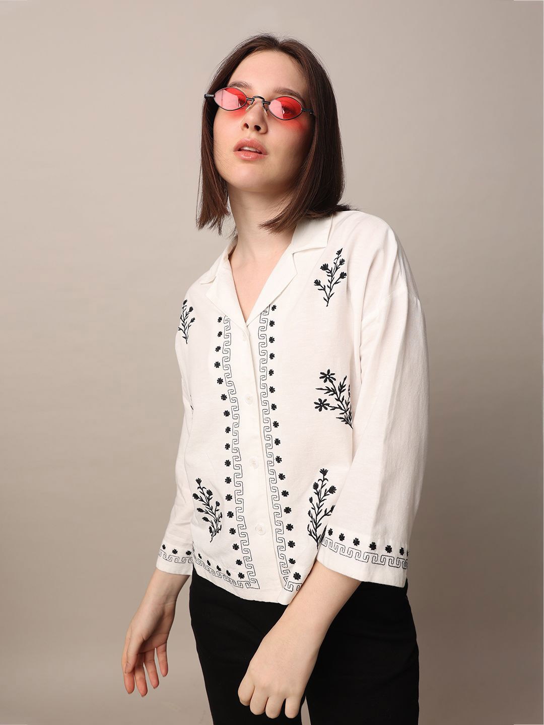 

ONLY Women Cuban Collar Floral Printed Casual Shirt, White