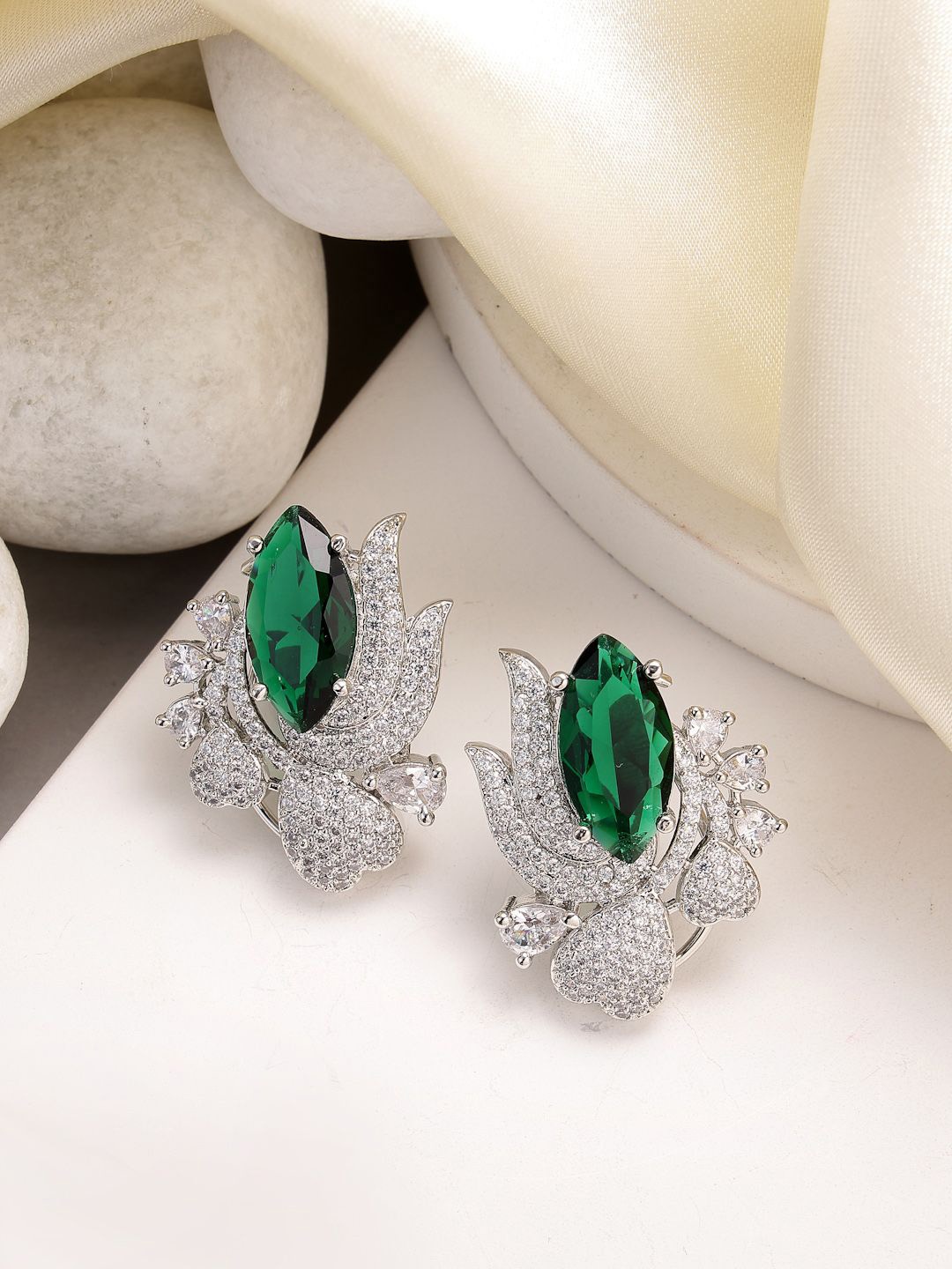 

ZENEME Rhodium-Plated American Diamond Studded Contemporary Studs, Green