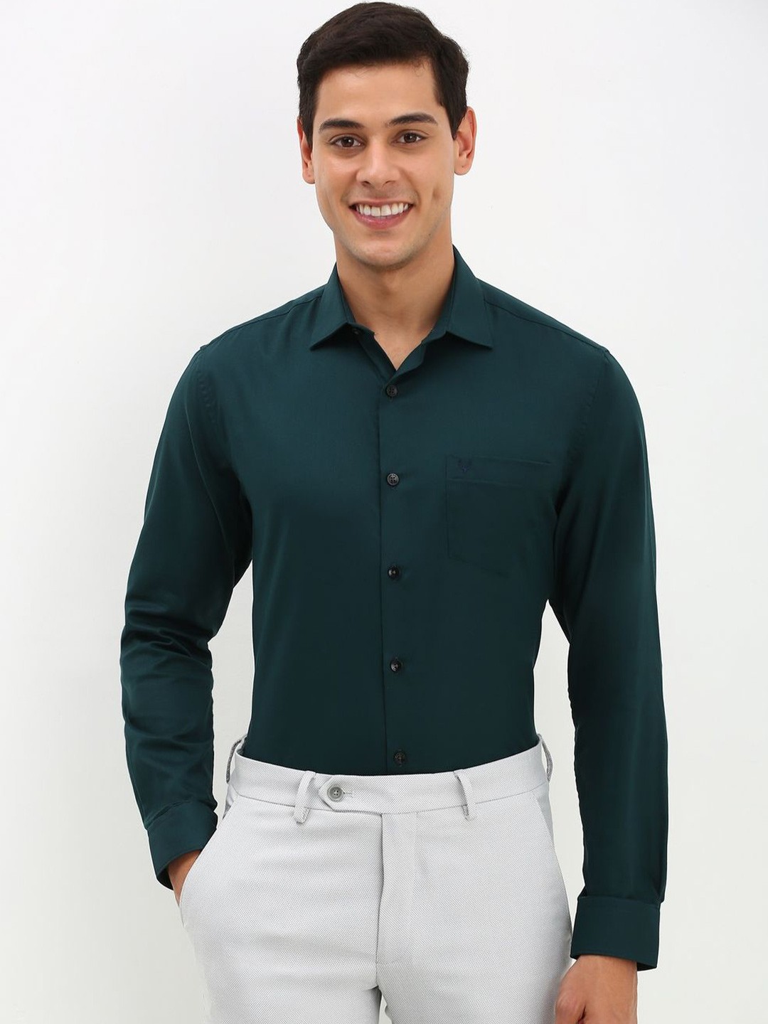 

Allen Solly Men Spread Collar Solid Cotton Slim Fit Formal Shirt, Green