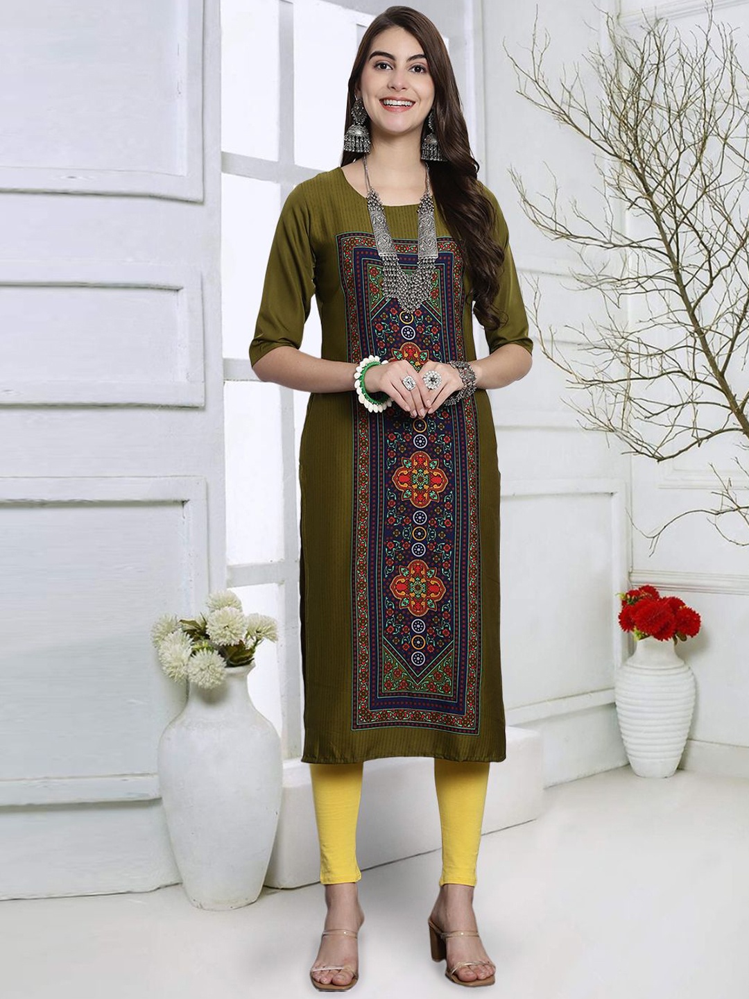 

7Threads Ethnic Motifs Printed Crepe Straight Kurta, Olive