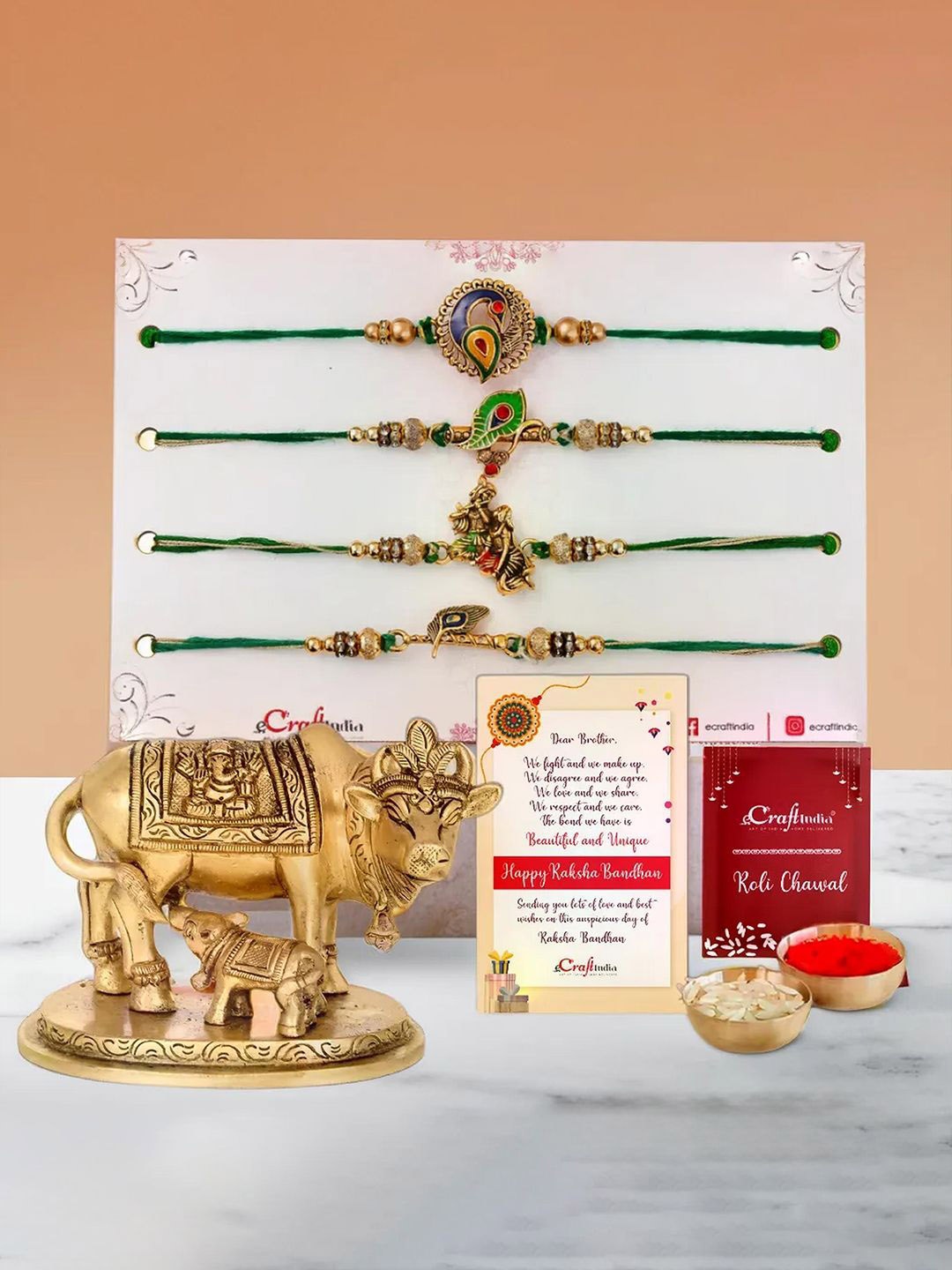 

eCraftIndia Set Of 5 Rakhi With Cow & Calf Statue & Greeting Card & Roli Chawal Gift Set, Gold