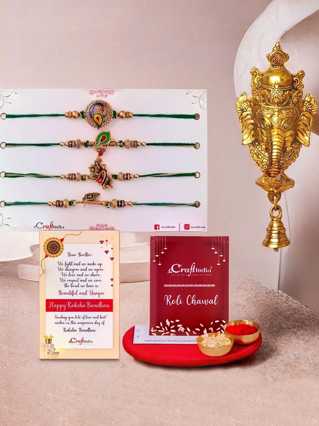 

eCraftIndia Set Of 4 Rakhi With Wall Hanging & Greeting Card & Roli Chawal Gift Set, Gold