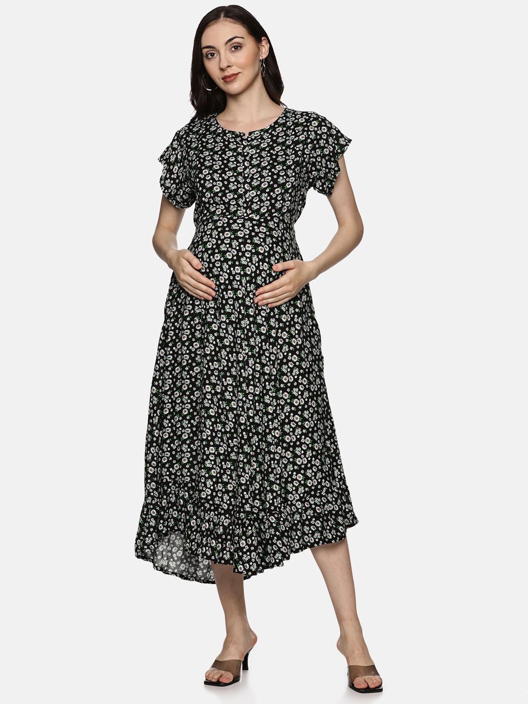 

Nejo Women's Floral Print Flutter Sleeve Maternity A-Line Dress, Black
