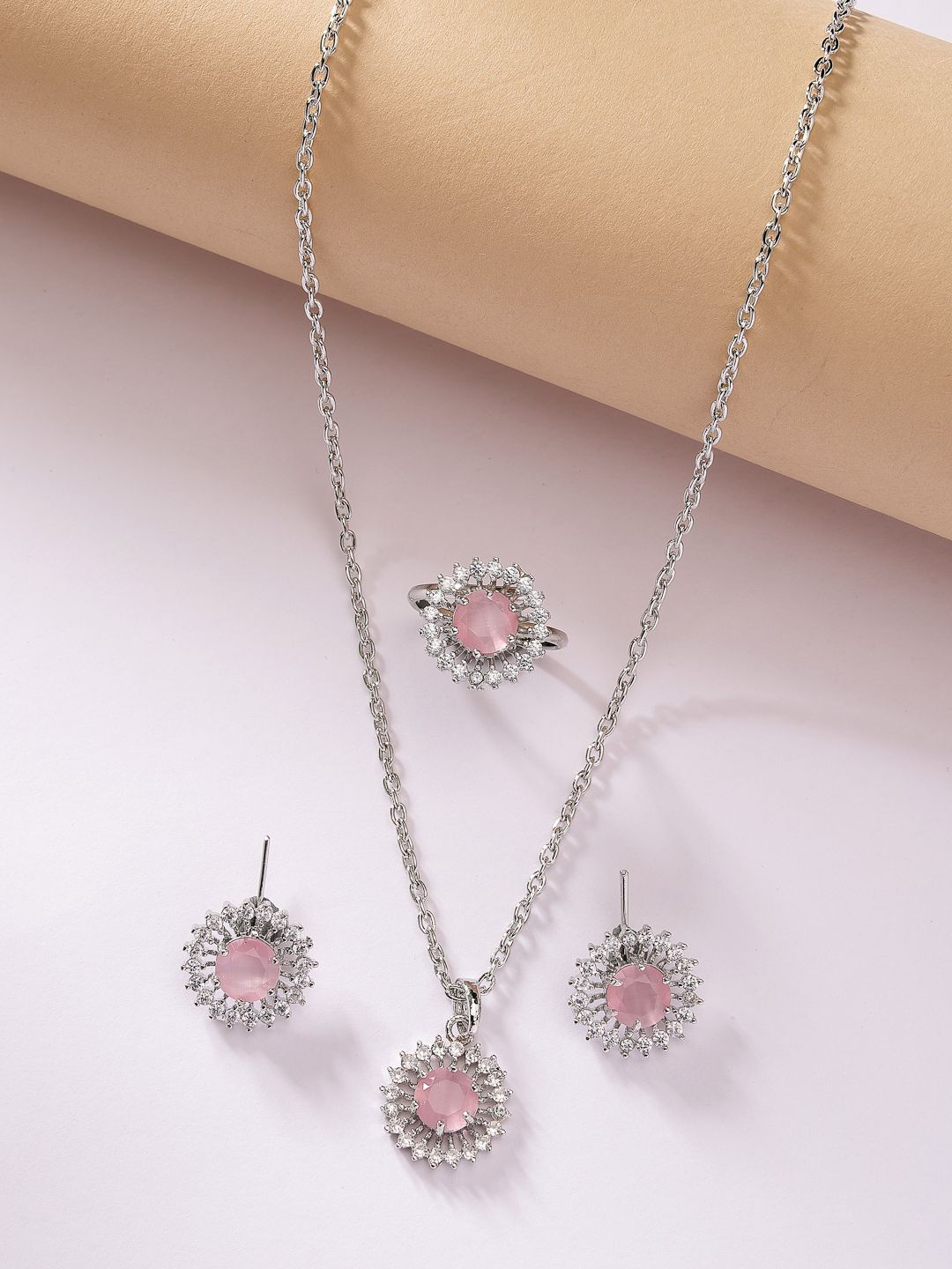 

ZENEME Rhodium Plated AD Studded Crystal Round Necklace and Earrings With Ring, Silver