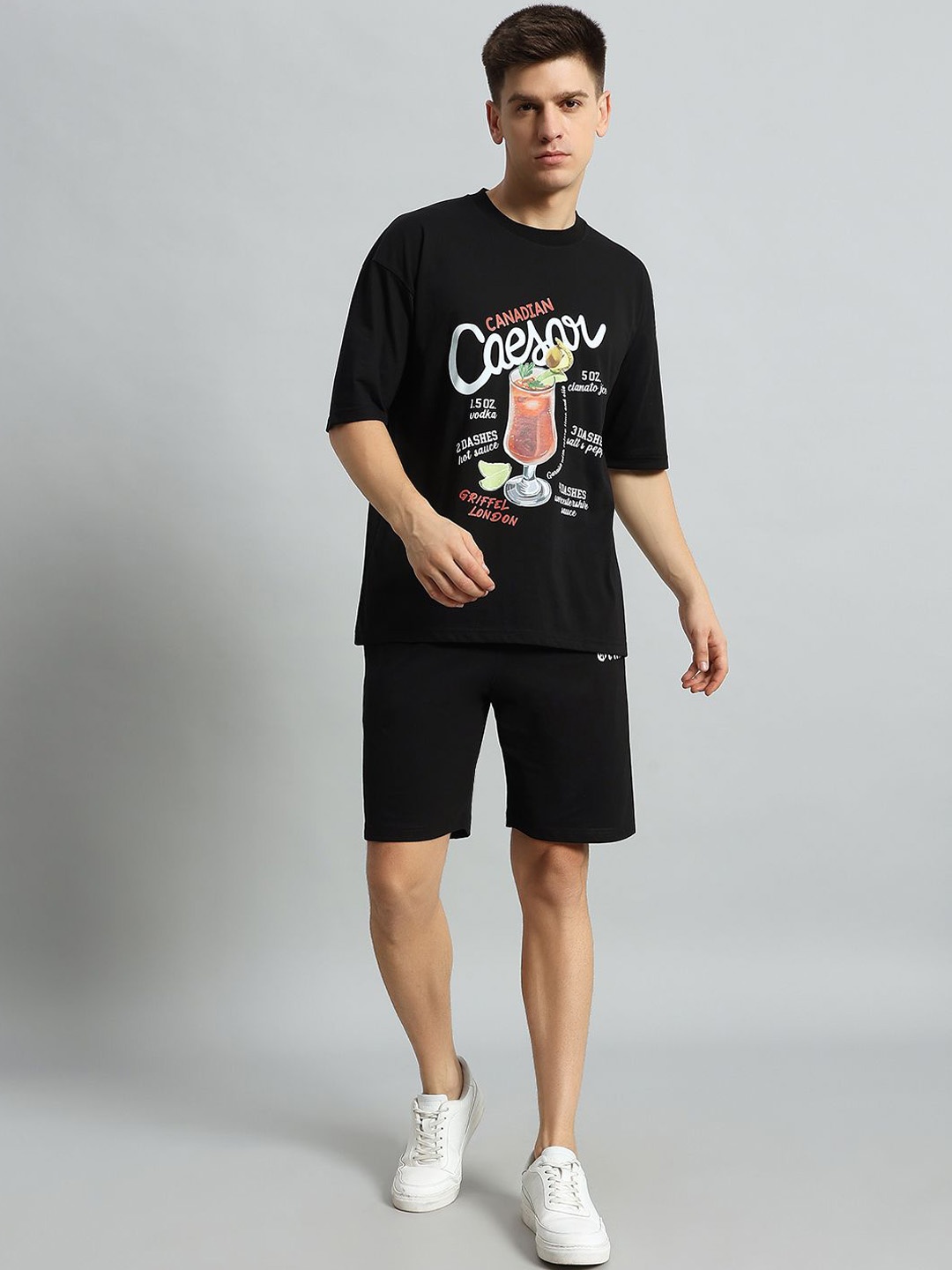 

GRIFFEL Printed Pure Cotton Oversized T-Shirt With Shorts Co-Ords, Black