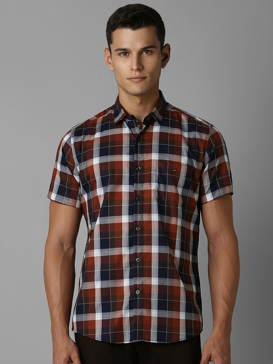 

Louis Philippe Sport Men Spread Collar Tartan Checked Cotton Slim Fit Casual Shirt, Brown