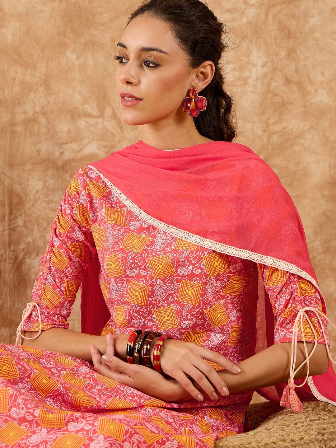 

Indo Era Paisley Printed Straight Kurta With Trousers & Dupatta, Pink