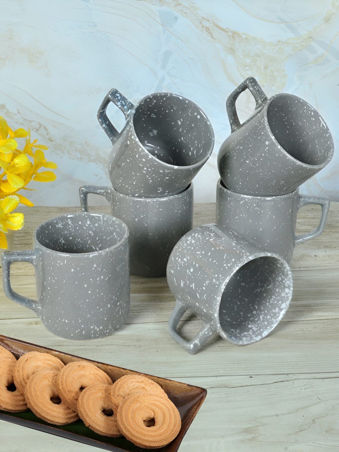 

FABINALIV Set of 6 Grey & White Printed Ceramics Glossy Cups