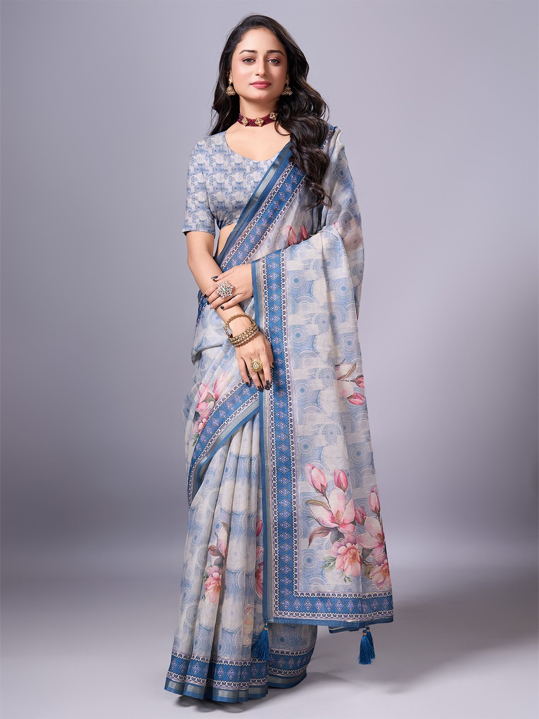 

Sitanjali Floral Block Print Saree, Teal
