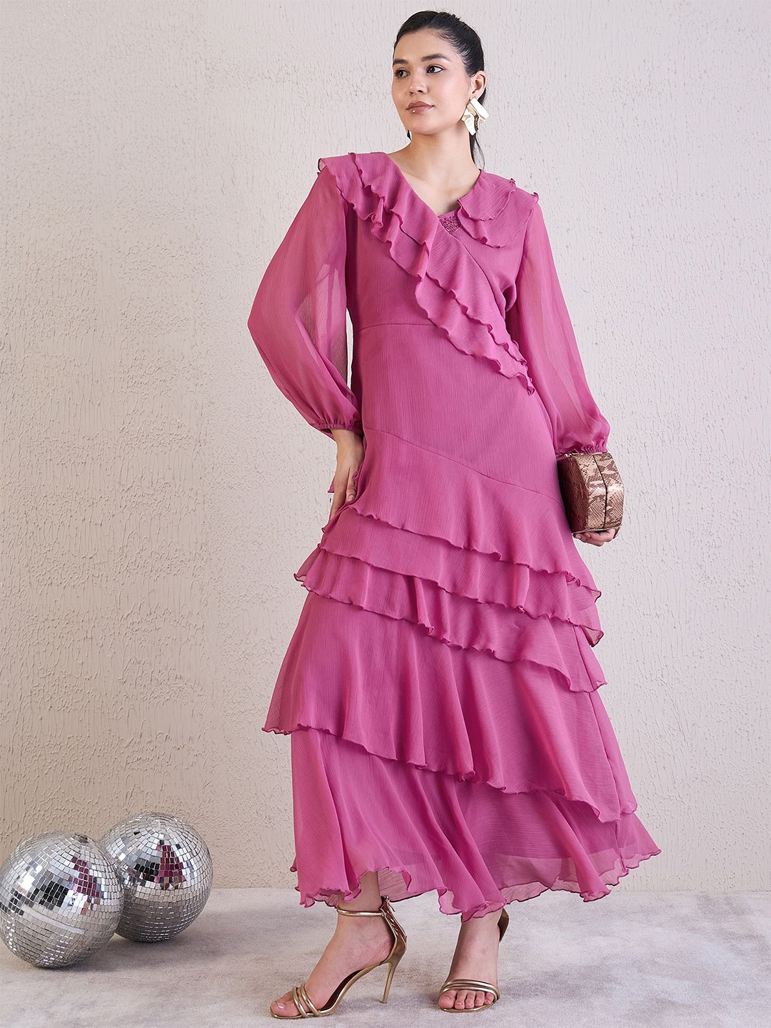 

Antheaa Puff Sleeve Chiffon Maxi Dress, Pink