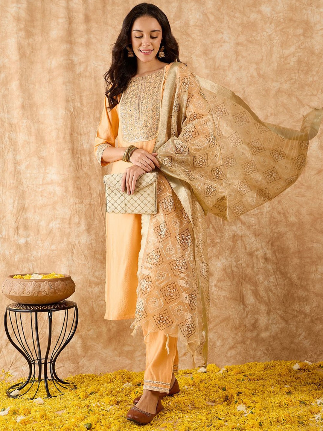 

Indo Era Ethnic Motifs Yoke Design Straight Sequinned Kurta with Trousers & Dupatta, Peach