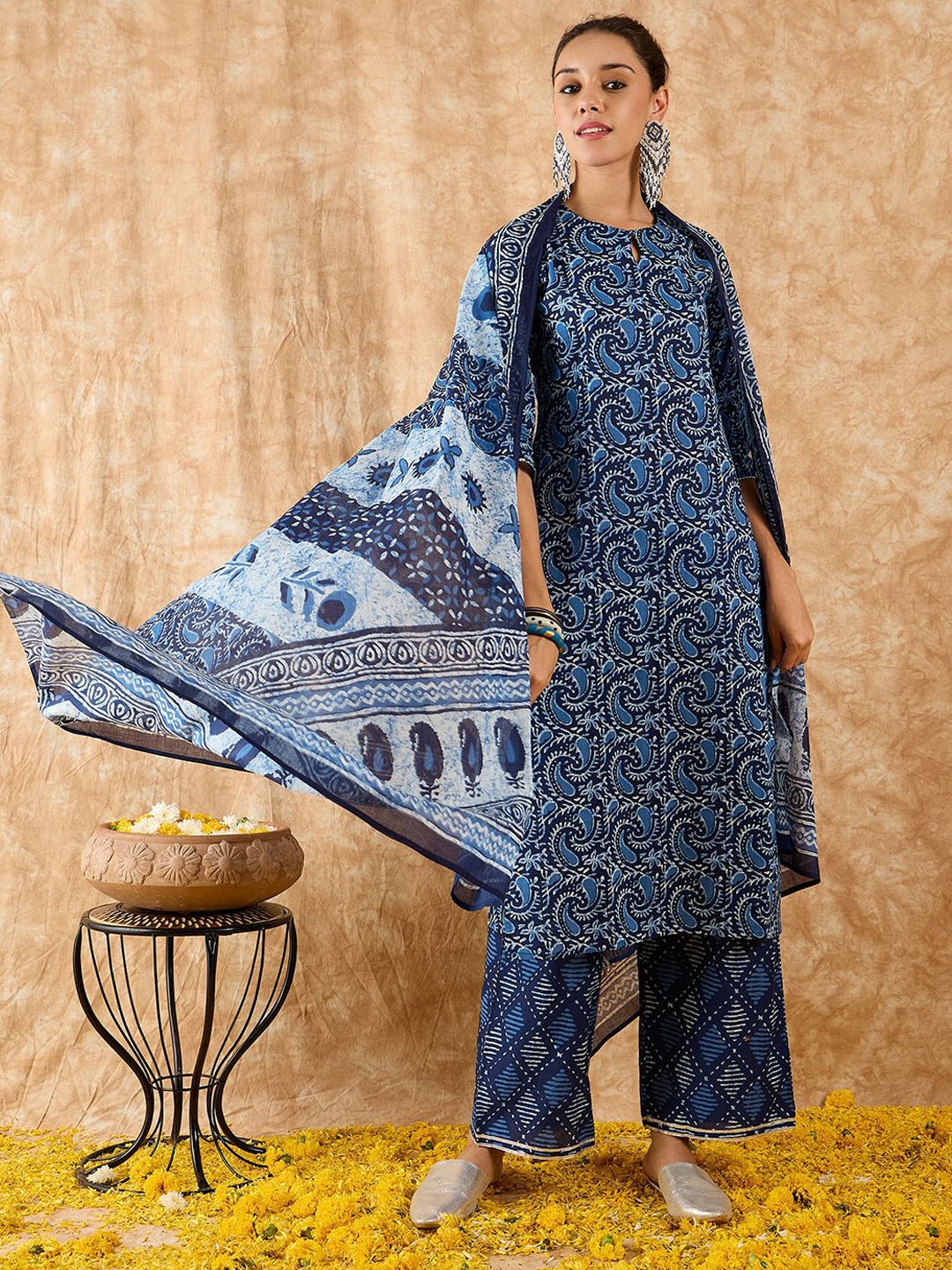 

Indo Era Paisley Printed Straight Kurta with Palazzos & Dupatta, Blue