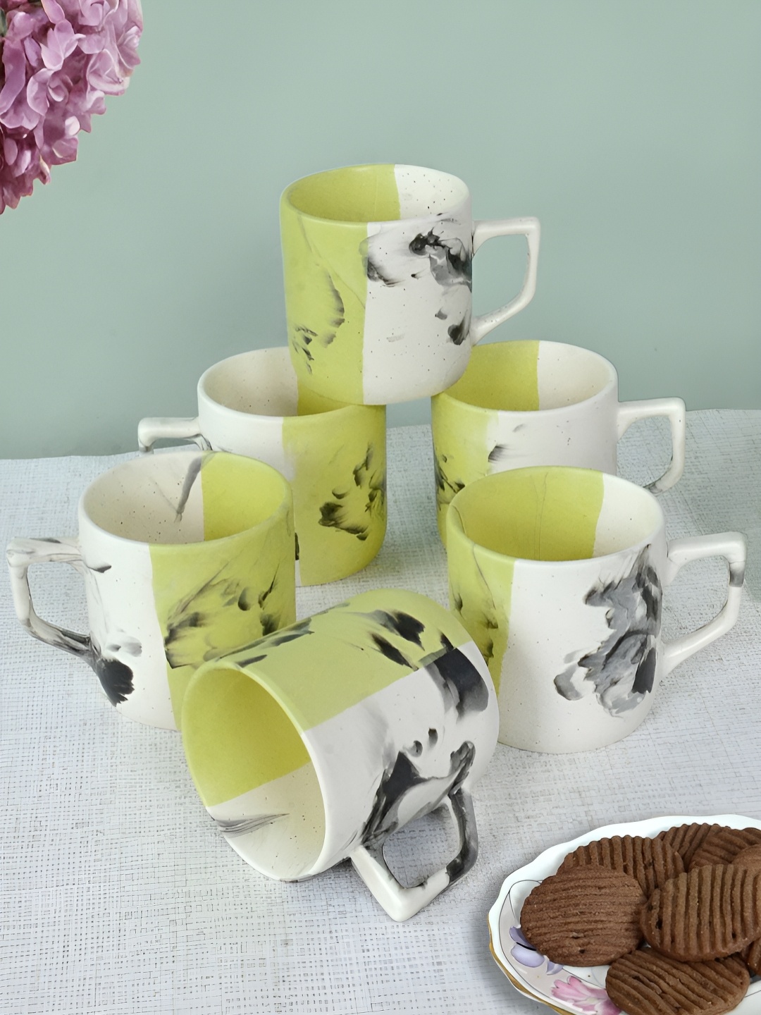 

FABINALIV Set of 6 Green & Cream-Coloured Printed Ceramics Matte Cups