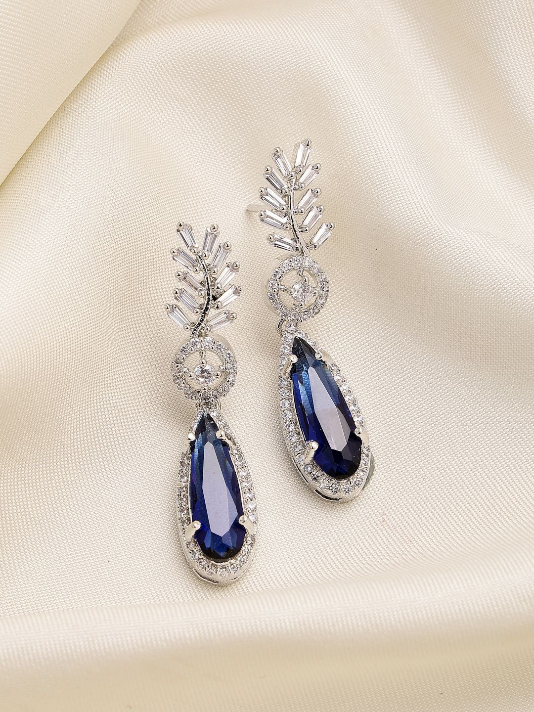 

ZENEME Silver Plated American Diamond Leaf Shaped Drop Earrings, Blue