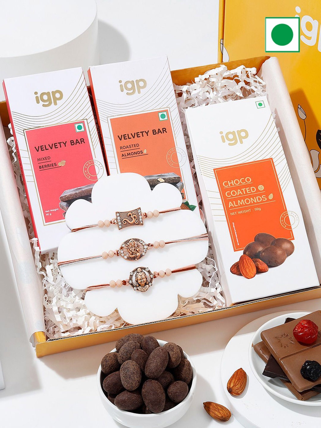 

IGP Set Of 3 Rakhis With Chocolate Gifts, Multi