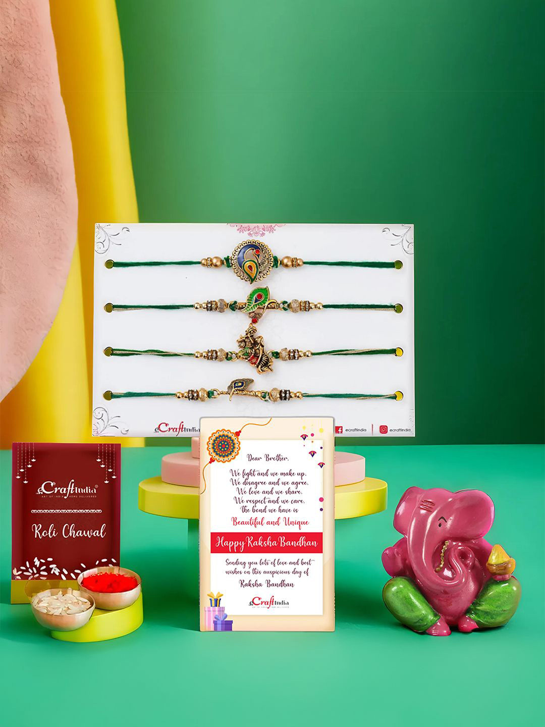 

eCraftIndia Set Of 4 Designer Rakhis With Lord Ganesha Idol, Gold