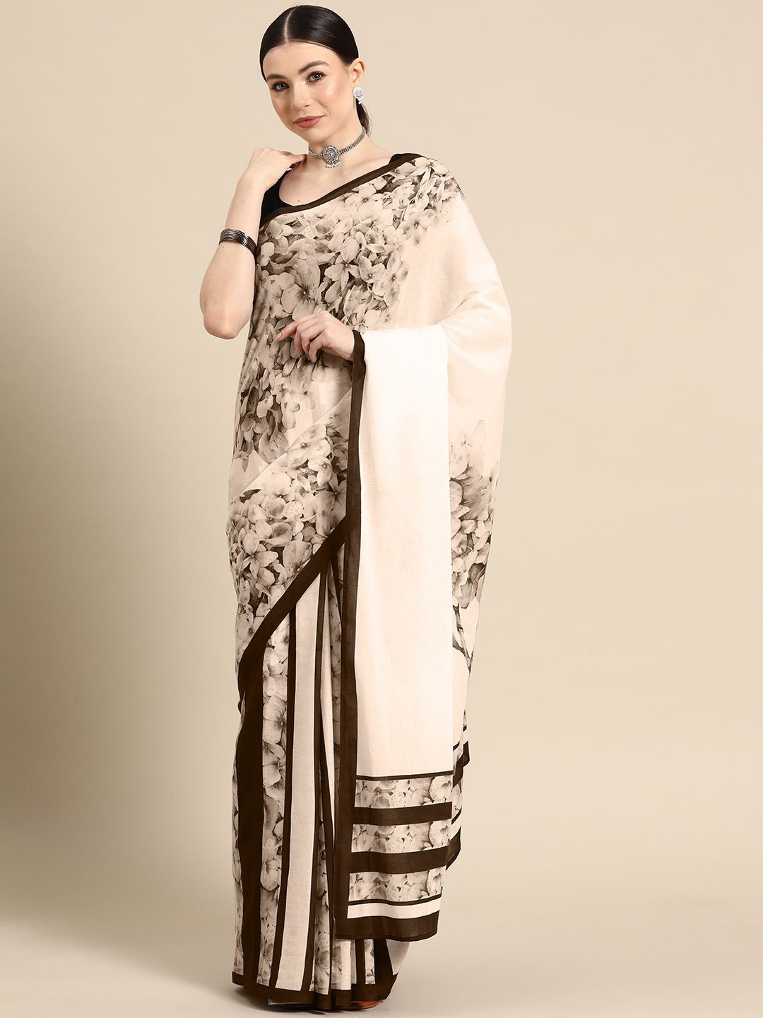 

BUTA BUTI Floral Printed Pure Cotton Saree, Off white