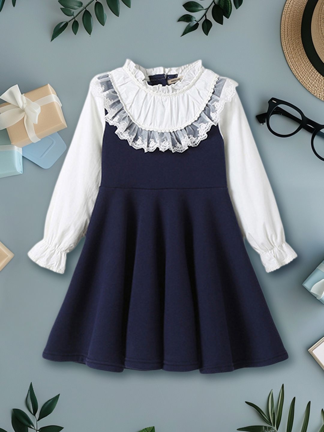 

INCLUD Girls Lace Puff Sleeve Fit & Flare Dress, Navy blue