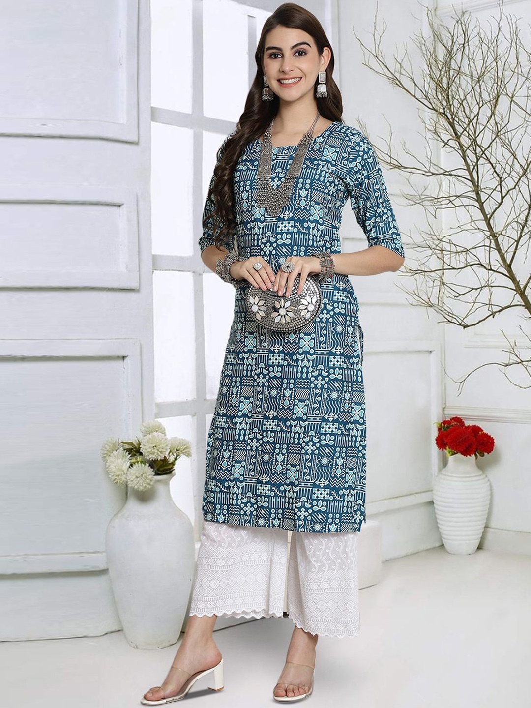 

7Threads Geometric Printed Round Neck Straight Kurta, Teal