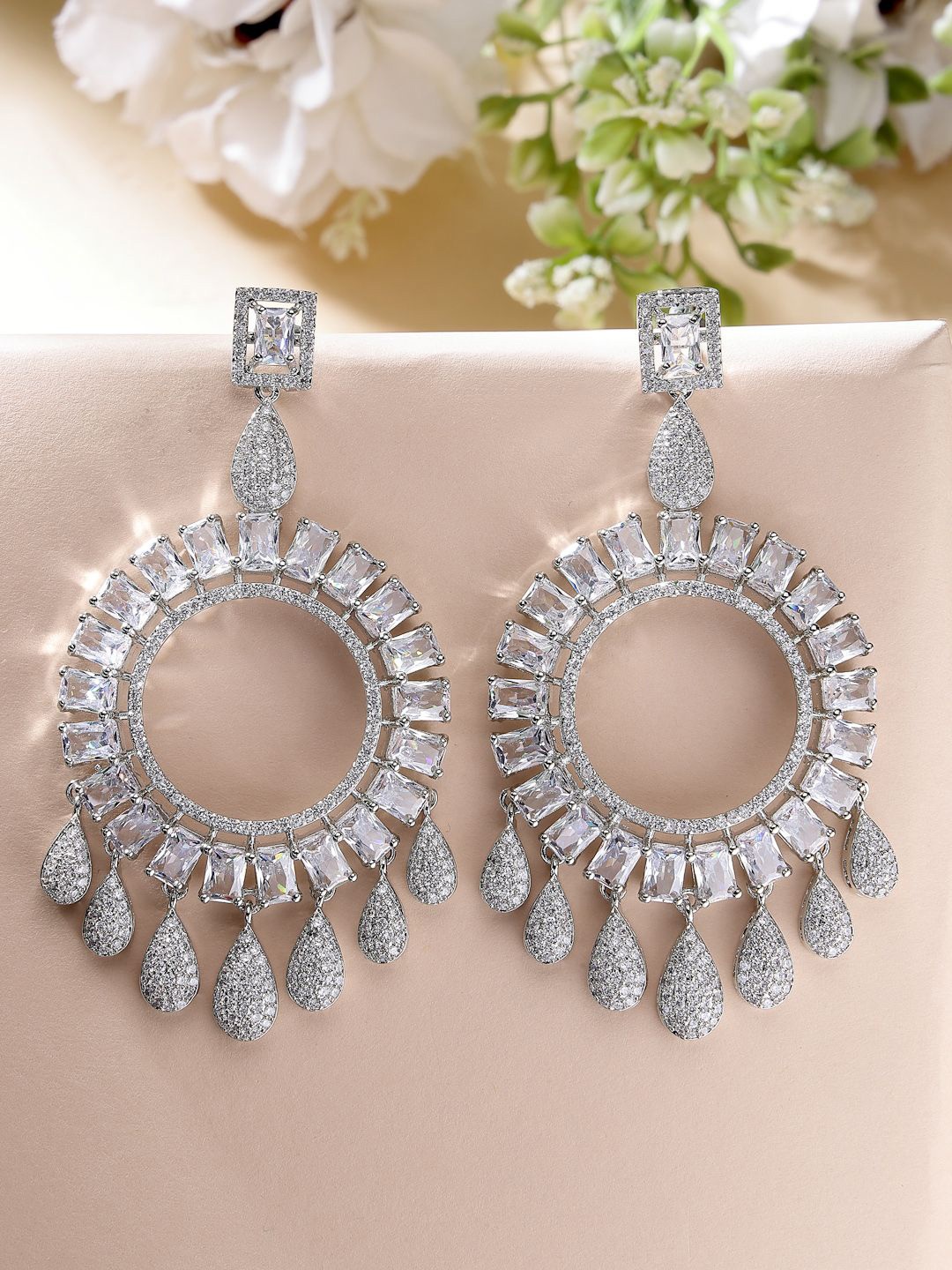 

ZENEME Rhodium Plated American Diamond Floral Drop Earrings, Pink