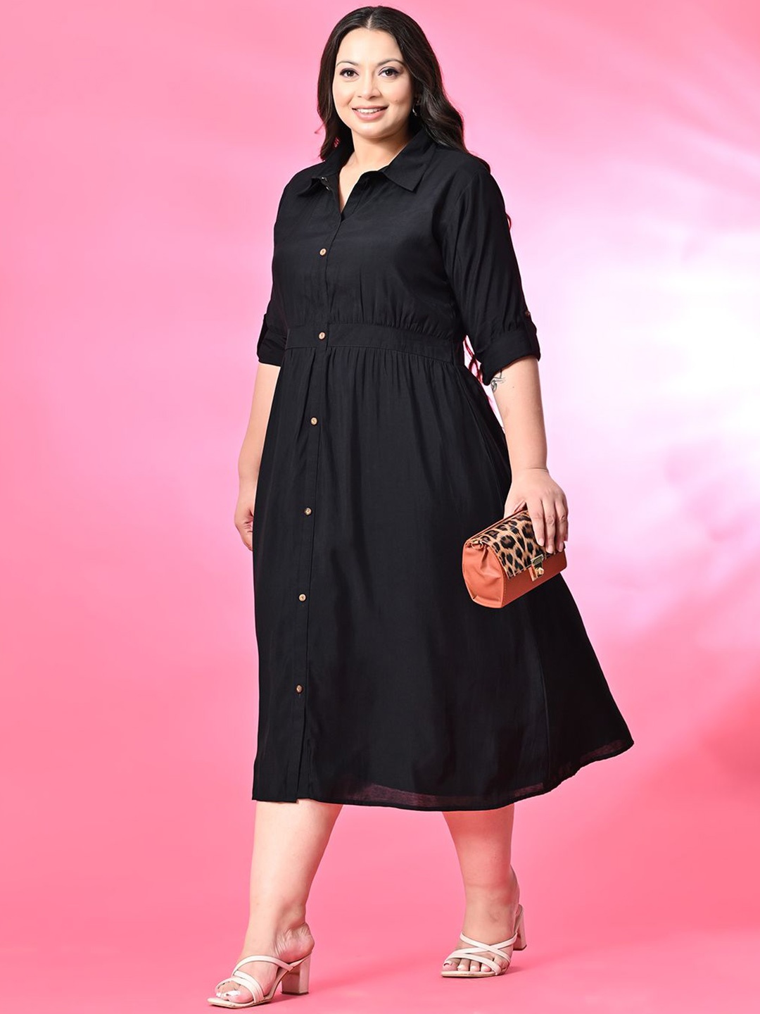 

PrettyPlus by Desinoor.com Plus Size Roll-Up Sleeves Shirt Midi Dress, Black